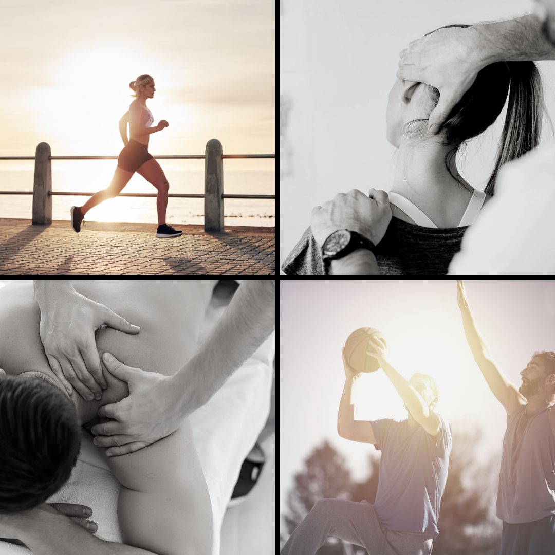 Contact page hero Collage of images showing a runner, basketball players, neck and shoulder massage
