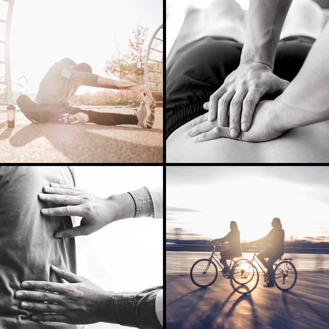 Collage of images showing people exercising and receiving chiropractic care